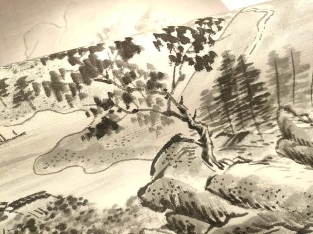 平和屋着物●九寸名古屋帯　手描き　紬地　風景文　正絹　逸品　DABD2087du