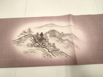 平和屋着物●九寸名古屋帯　手描き　紬地　風景文　正絹　逸品　DABD2087du