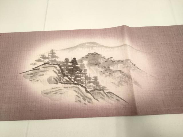 平和屋着物●九寸名古屋帯　手描き　紬地　風景文　正絹　逸品　DABD2087du