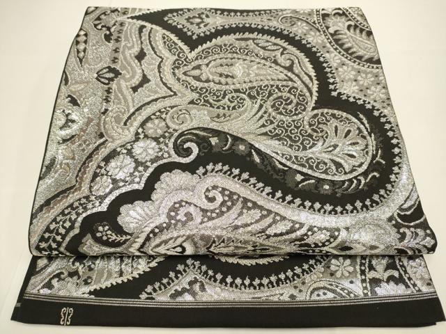 平和屋着物●西陣　川島織物　六通柄　本袋帯　洋花文　黒地　銀糸　正絹　逸品　DABD2095du