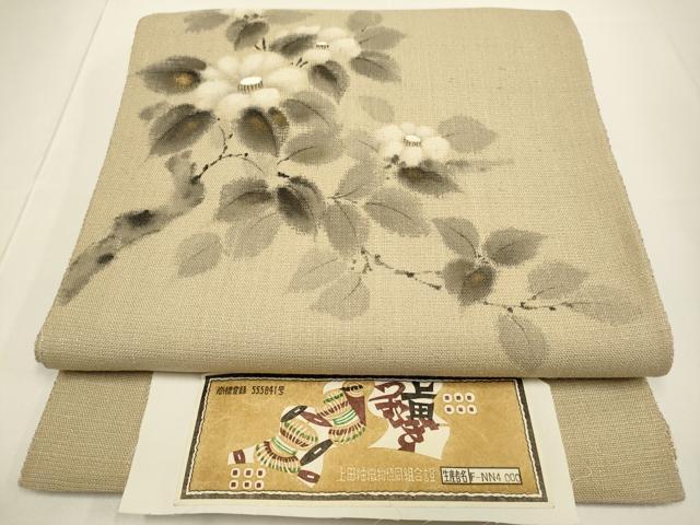 平和屋着物●八寸名古屋帯　上田つむぎ　椿　金彩　証紙付き　正絹　逸品　DABD2101du