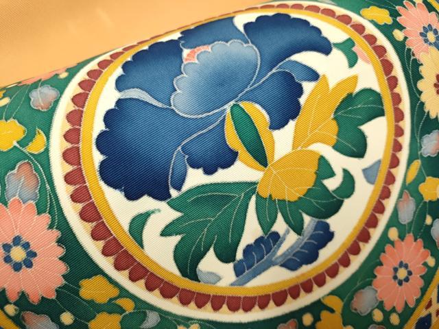 平和屋着物●本加賀友禅作家　木村雨山　塩瀬　九寸名古屋帯　花絵皿文　正絹　逸品　DABD2103du 平和屋着物○本加賀友禅作家 木村雨山 塩瀬 九寸名古屋帯 花絵