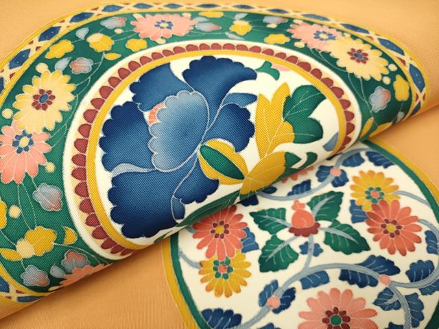 平和屋着物●本加賀友禅作家　木村雨山　塩瀬　九寸名古屋帯　花絵皿文　正絹　逸品　DABD2103du 平和屋着物○本加賀友禅作家 木村雨山 塩瀬 九寸名古屋帯 花絵