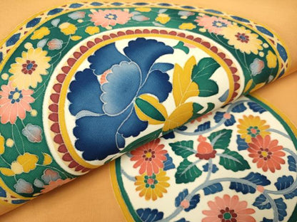平和屋着物●本加賀友禅作家　木村雨山　塩瀬　九寸名古屋帯　花絵皿文　正絹　逸品　DABD2103du
