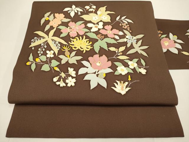 平和屋着物●塩瀬　九寸名古屋帯　駒刺繍　草花文　金彩　正絹　逸品　DABD2105du