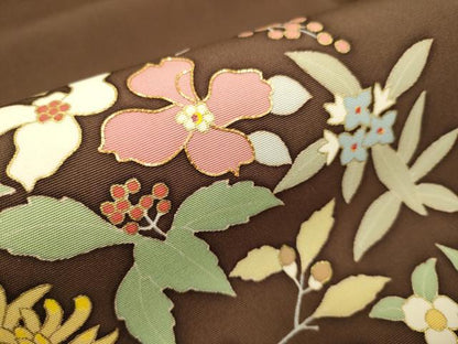 平和屋着物●塩瀬　九寸名古屋帯　駒刺繍　草花文　金彩　正絹　逸品　DABD2105du