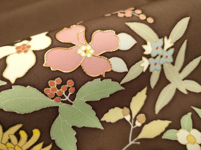 平和屋着物●塩瀬　九寸名古屋帯　駒刺繍　草花文　金彩　正絹　逸品　DABD2105du