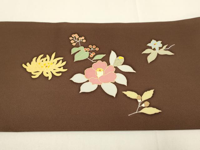 平和屋着物●塩瀬　九寸名古屋帯　駒刺繍　草花文　金彩　正絹　逸品　DABD2105du