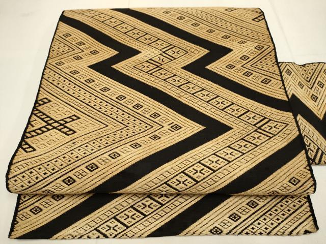 平和屋着物●八寸名古屋帯　こぎん刺し　幾何学文様　黒地　綿　逸品　DABD2113du