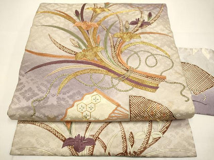 平和屋着物●アンティーク　大正ロマン　九寸名古屋帯　駒刺繍　扇草花文　正絹　逸品　DABD2118du