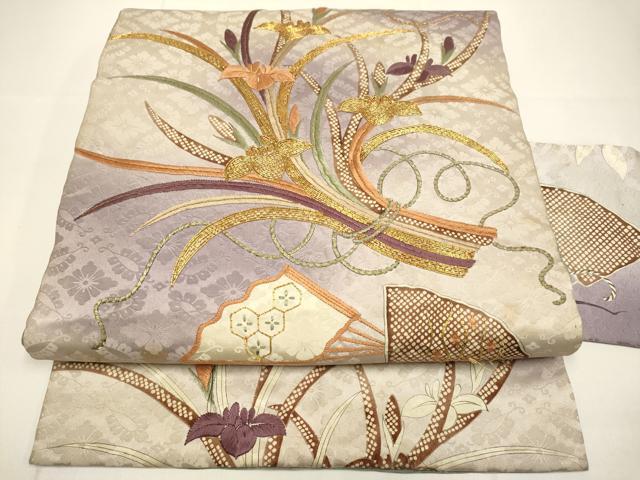 平和屋着物●アンティーク　大正ロマン　九寸名古屋帯　駒刺繍　扇草花文　正絹　逸品　DABD2118du