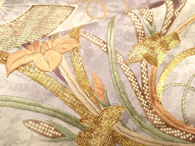 平和屋着物●アンティーク　大正ロマン　九寸名古屋帯　駒刺繍　扇草花文　正絹　逸品　DABD2118du