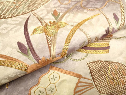 平和屋着物●アンティーク　大正ロマン　九寸名古屋帯　駒刺繍　扇草花文　正絹　逸品　DABD2118du