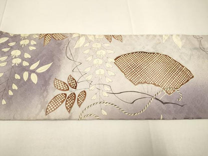 平和屋着物●アンティーク　大正ロマン　九寸名古屋帯　駒刺繍　扇草花文　正絹　逸品　DABD2118du