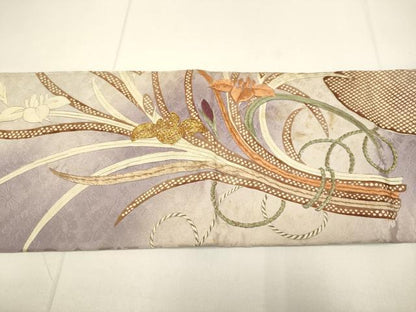 平和屋着物●アンティーク　大正ロマン　九寸名古屋帯　駒刺繍　扇草花文　正絹　逸品　DABD2118du
