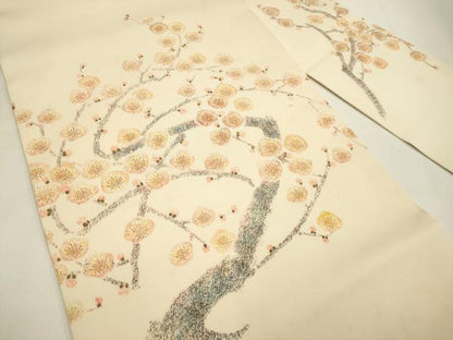 平和屋着物●塩瀬　九寸名古屋帯　作家物　枝梅文　金彩　正絹　逸品　DABD2119du