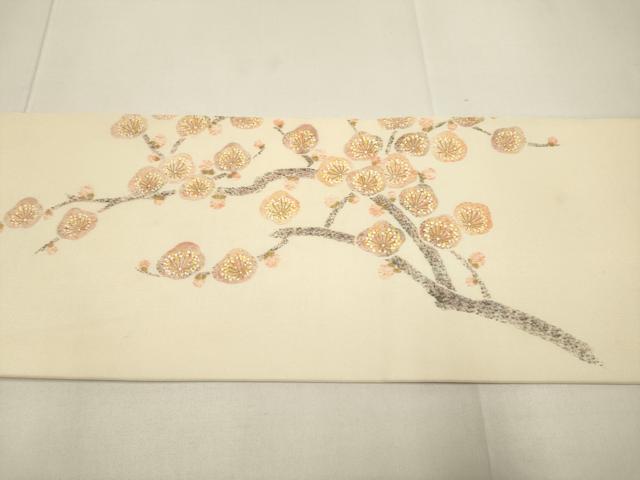 平和屋着物●塩瀬　九寸名古屋帯　作家物　枝梅文　金彩　正絹　逸品　DABD2119du