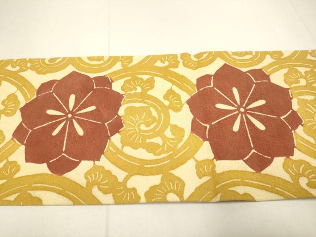 平和屋着物●九寸名古屋帯　紬地　型染　花唐草文　正絹　逸品　DABD2124du