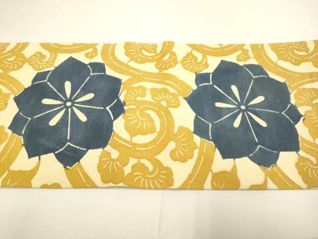 平和屋着物●九寸名古屋帯　紬地　型染　花唐草文　正絹　逸品　DABD2124du