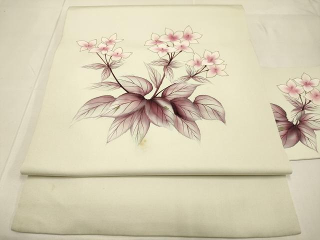 平和屋着物●塩瀬　九寸名古屋帯　手描き　草花文　金彩　正絹　逸品　DABD2128du