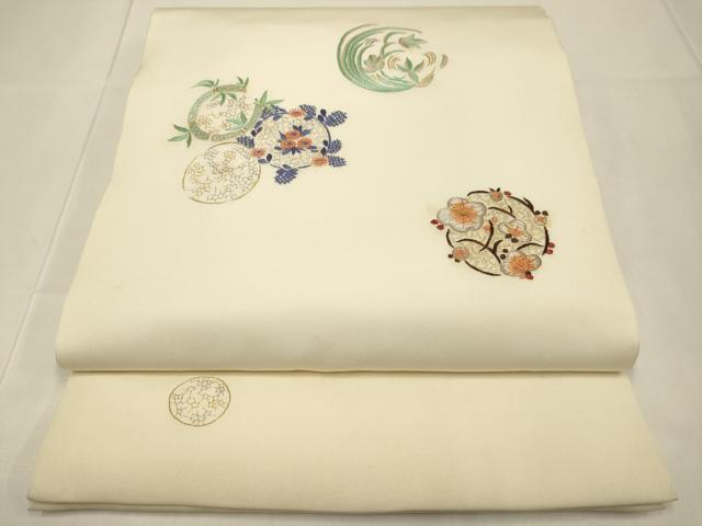 平和屋着物●塩瀬　九寸開き名古屋帯　総刺繍　草花丸文　正絹　逸品　DABD2140du