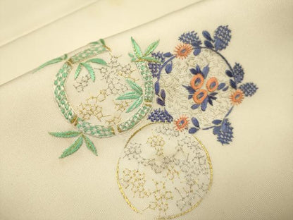 平和屋着物●塩瀬　九寸開き名古屋帯　総刺繍　草花丸文　正絹　逸品　DABD2140du