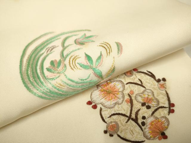 平和屋着物●塩瀬　九寸開き名古屋帯　総刺繍　草花丸文　正絹　逸品　DABD2140du