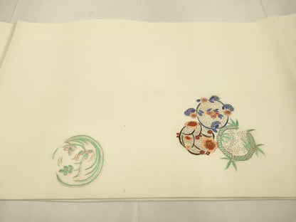 平和屋着物●塩瀬　九寸開き名古屋帯　総刺繍　草花丸文　正絹　逸品　DABD2140du