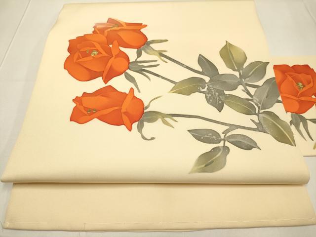 平和屋着物●塩瀬　九寸名古屋帯　ろうけつ染め　薔薇　金彩　正絹　逸品　DABD2142du