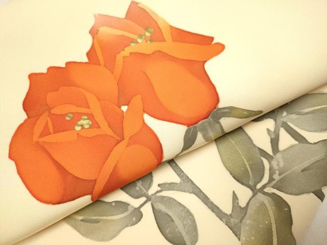 平和屋着物●塩瀬　九寸名古屋帯　ろうけつ染め　薔薇　金彩　正絹　逸品　DABD2142du