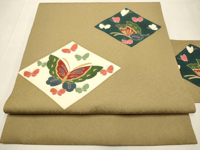 平和屋着物●九寸名古屋帯　駒刺繍　菱舞蝶文　金彩　正絹　逸品　DABD2143du
