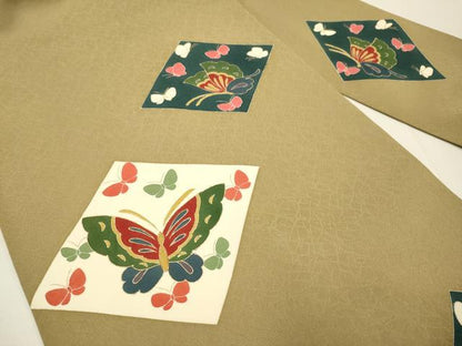 平和屋着物●九寸名古屋帯　駒刺繍　菱舞蝶文　金彩　正絹　逸品　DABD2143du