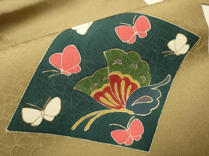 平和屋着物●九寸名古屋帯　駒刺繍　菱舞蝶文　金彩　正絹　逸品　DABD2143du