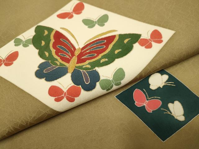 平和屋着物●九寸名古屋帯　駒刺繍　菱舞蝶文　金彩　正絹　逸品　DABD2143du