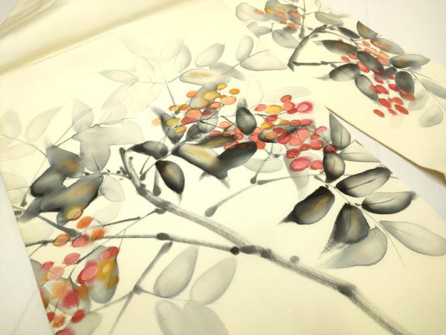平和屋着物●塩瀬　九寸名古屋帯　作家物　手描き　南天文　金彩　正絹　逸品　DABD2145du