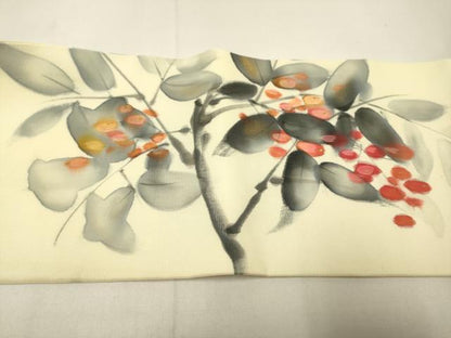 平和屋着物●塩瀬　九寸名古屋帯　作家物　手描き　南天文　金彩　正絹　逸品　DABD2145du