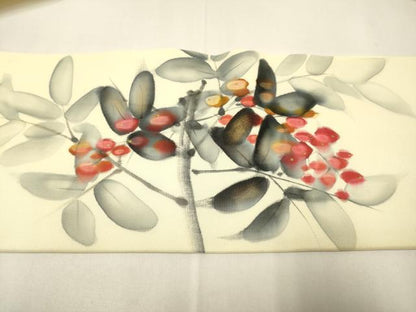 平和屋着物●塩瀬　九寸名古屋帯　作家物　手描き　南天文　金彩　正絹　逸品　DABD2145du
