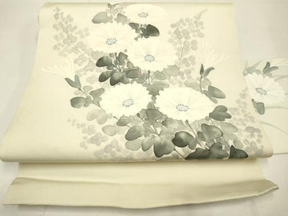平和屋着物●塩瀬　九寸名古屋帯　手描き　菊　正絹　逸品　DABD2146du