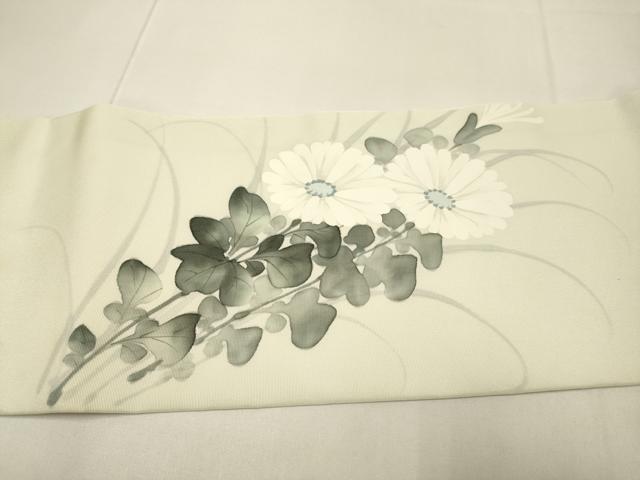 平和屋着物●塩瀬　九寸名古屋帯　手描き　菊　正絹　逸品　DABD2146du