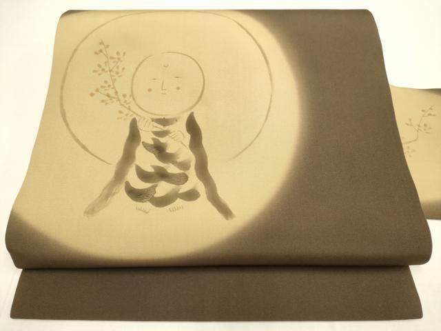 平和屋着物●塩瀬　九寸名古屋帯　手描き　刺繍　お地蔵様　正絹　逸品　DABD2188du