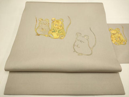 平和屋着物●塩瀬　九寸名古屋帯　竹屋町刺繍　鼠　金彩　正絹　逸品　DABD2190du