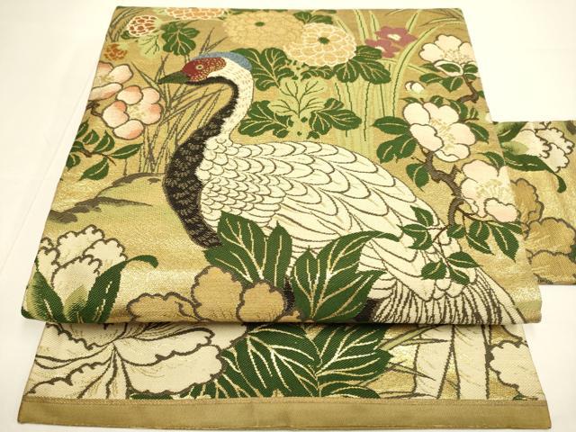 平和屋着物●アンティーク　大正ロマン　全通柄九寸名古屋帯　花鳥文　金糸　正絹　逸品　DABD2191du