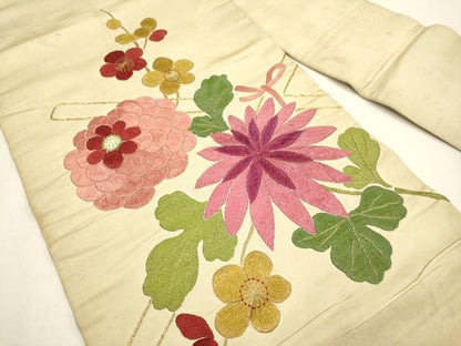 平和屋着物●アンティーク　大正ロマン　九寸名古屋帯　駒刺繍　総刺繍　梅　菊　正絹　逸品　DABD2202du