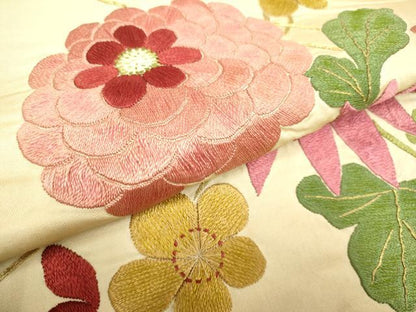 平和屋着物●アンティーク　大正ロマン　九寸名古屋帯　駒刺繍　総刺繍　梅　菊　正絹　逸品　DABD2202du