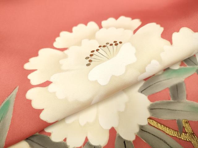 平和屋着物●塩瀬　九寸名古屋帯　手描き　牡丹　金彩　正絹　逸品　DABD2203du