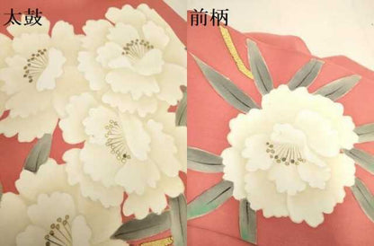 平和屋着物●塩瀬　九寸名古屋帯　手描き　牡丹　金彩　正絹　逸品　DABD2203du