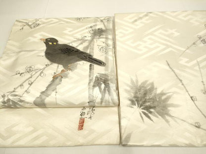 平和屋着物●アンティーク　大正ロマン　つけ帯　作家物　手描き　枝梅に休み鳥　烏　カラス　正絹　逸品　DABD2228du