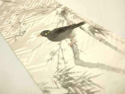 平和屋着物●アンティーク　大正ロマン　つけ帯　作家物　手描き　枝梅に休み鳥　烏　カラス　正絹　逸品　DABD2228du