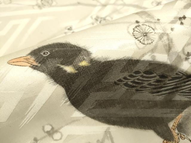 平和屋着物●アンティーク　大正ロマン　つけ帯　作家物　手描き　枝梅に休み鳥　烏　カラス　正絹　逸品　DABD2228du