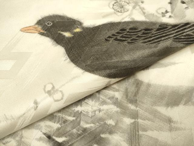 平和屋着物●アンティーク　大正ロマン　つけ帯　作家物　手描き　枝梅に休み鳥　烏　カラス　正絹　逸品　DABD2228du